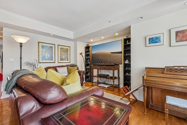 20 Chapel St Unit B811, Brookline, MA 02446 - living area featuring crown molding, wood finished floors, recessed lighting, and a tray ceiling