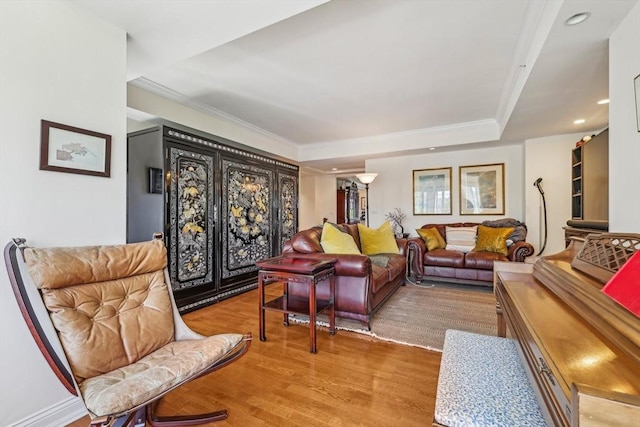 20 Chapel St Unit B811, Brookline, MA 02446 - living room featuring light wood-type flooring, crown molding, recessed lighting, and a raised ceiling