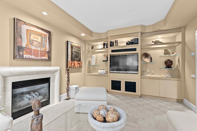 202 Allandale Rd Unit A, Boston, MA 02467 - living area featuring a glass covered fireplace, baseboards, recessed lighting, carpet, and built in features