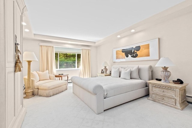 202 Allandale Rd Unit A, Boston, MA 02467 - carpeted bedroom with recessed lighting, a raised ceiling, and a baseboard heating unit