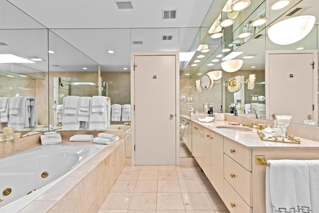 202 Allandale Rd Unit A, Boston, MA 02467 - full bath featuring a tub with jets, a stall shower, vanity, and tile patterned flooring