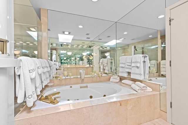 202 Allandale Rd Unit A, Boston, MA 02467 - full bathroom with a shower stall, a whirlpool tub, a skylight, recessed lighting, and vanity