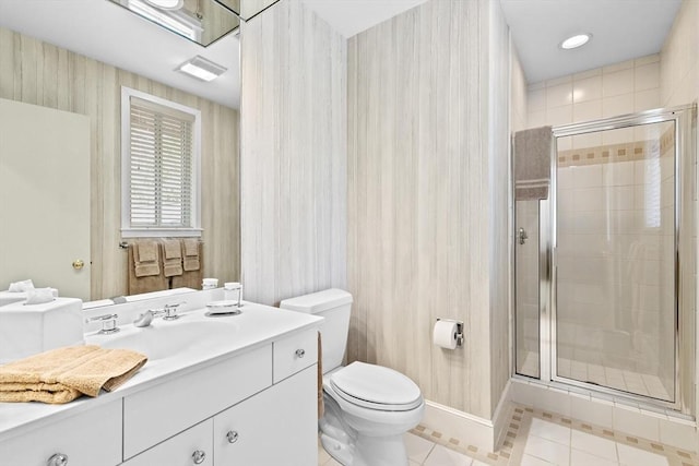 202 Allandale Rd Unit A, Boston, MA 02467 - bathroom with tile patterned flooring, vanity, a shower stall, toilet, and baseboards
