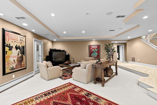 202 Allandale Rd Unit A, Boston, MA 02467 - living area with a baseboard radiator, a tray ceiling, and recessed lighting
