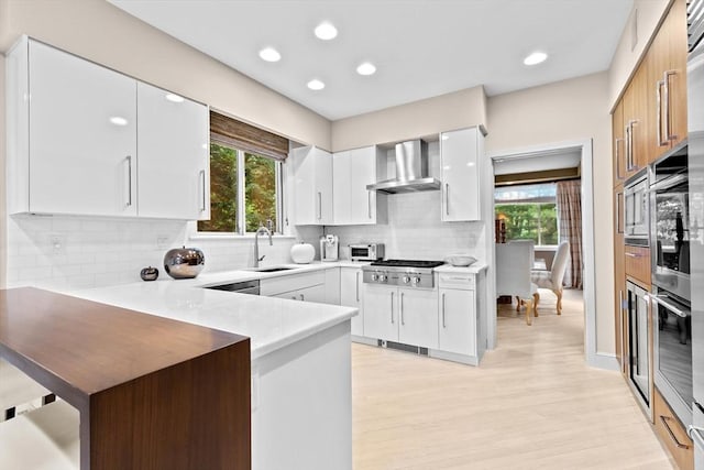 202 Allandale Rd Unit A, Boston, MA 02467 - kitchen featuring wall chimney range hood, a sink, a peninsula, light countertops, and recessed lighting