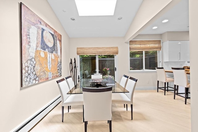 202 Allandale Rd Unit A, Boston, MA 02467 - dining area with a baseboard radiator, wood finished floors, recessed lighting, baseboards, and a skylight
