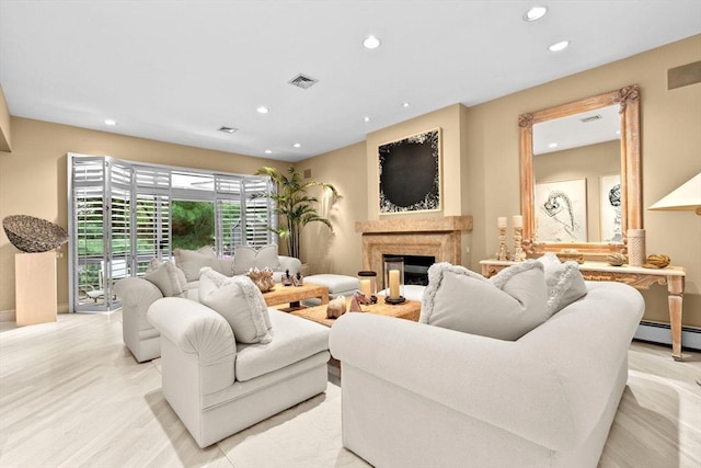 202 Allandale Rd Unit A, Boston, MA 02467 - living room with recessed lighting, a glass covered fireplace, a baseboard radiator, and baseboards