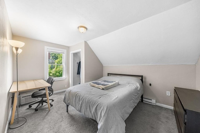 150 Belmont St, Worcester, MA 01605 - bedroom with a baseboard radiator, carpet floors, baseboards, and lofted ceiling
