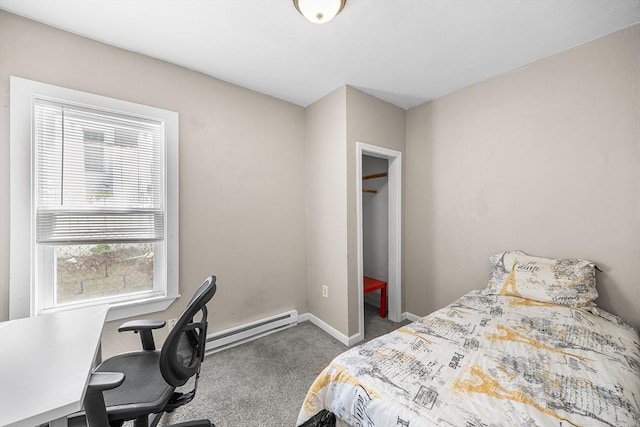 150 Belmont St, Worcester, MA 01605 - carpeted bedroom featuring a baseboard radiator, multiple windows, an office area, and baseboards