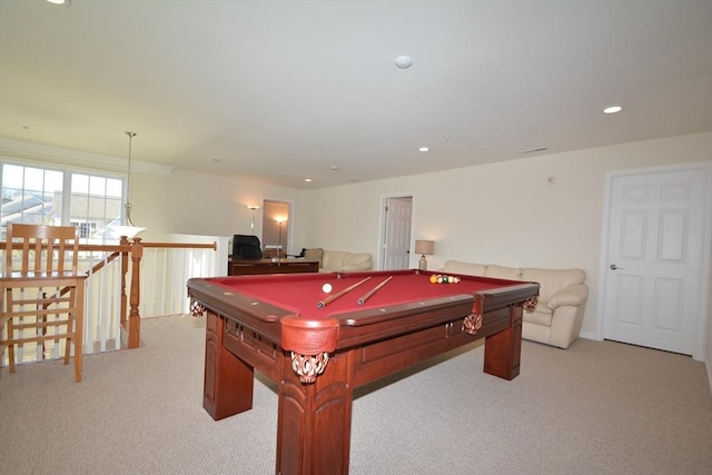 recreation room with light carpet and billiards