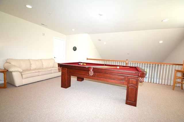 game room with light carpet, vaulted ceiling, and billiards