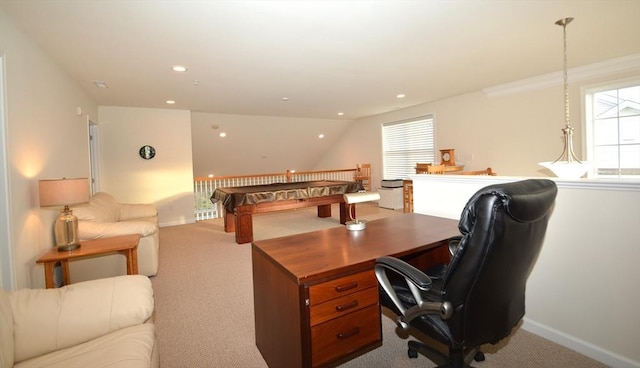 home office with light carpet, vaulted ceiling, and billiards