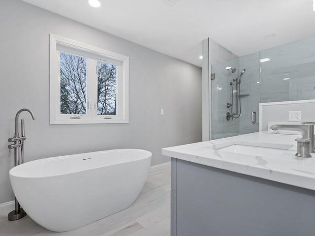 bathroom featuring vanity and independent shower and bath