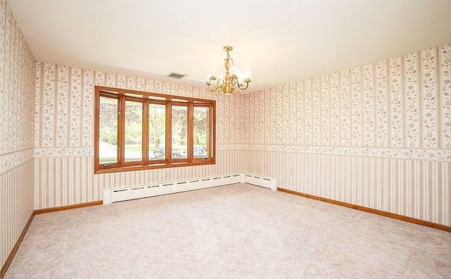 carpeted empty room featuring visible vents, a baseboard heating unit, wallpapered walls, and a notable chandelier
