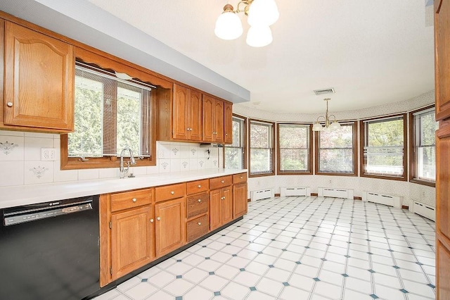 kitchen featuring a notable chandelier, a sink, light countertops, black dishwasher, and visible vents