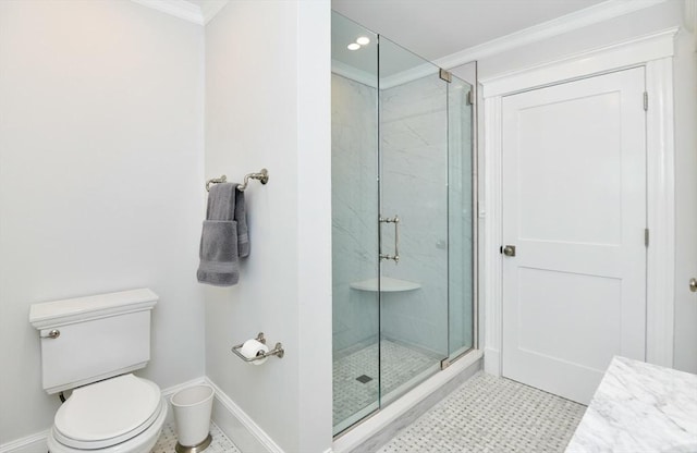 bathroom with baseboards, a stall shower, ornamental molding, and recessed lighting