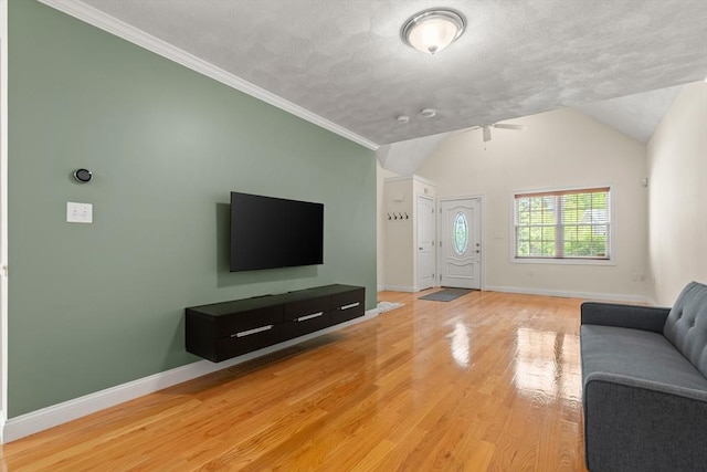 41 Winter Ln Unit 41, Tewksbury, MA 01876 - living area featuring baseboards, light wood-style floors, lofted ceiling, and crown molding