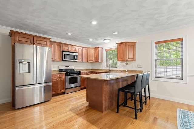 41 Winter Ln Unit 41, Tewksbury, MA 01876 - kitchen featuring appliances with stainless steel finishes, a peninsula, light wood-style floors, a kitchen bar, and baseboards
