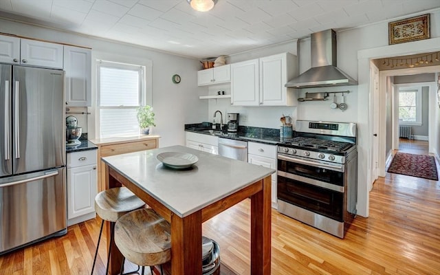 kitchen with wall chimney range hood, appliances with stainless steel finishes, light wood-type flooring, a sink, and radiator