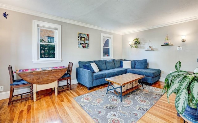 living area featuring crown molding, baseboards, and wood finished floors