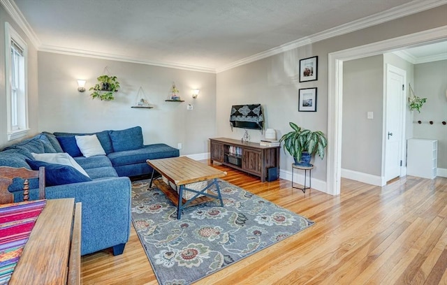 living room featuring crown molding, baseboards, and wood finished floors