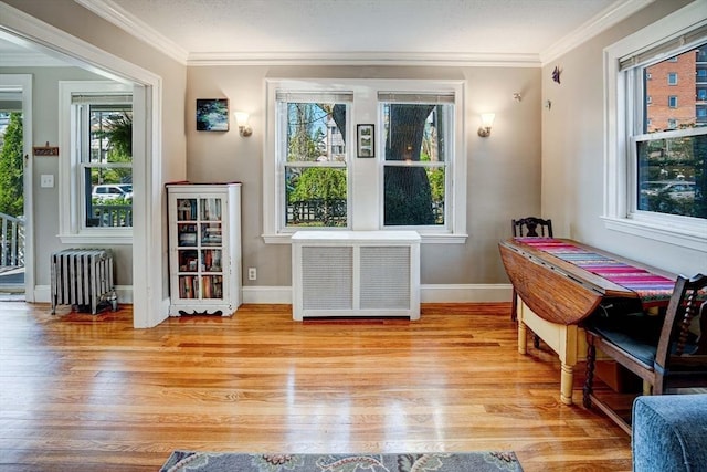 interior space featuring ornamental molding, radiator, and light wood-style floors