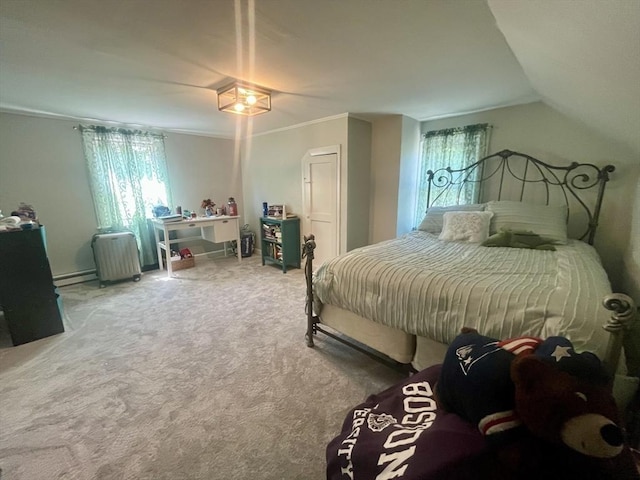 16 Douglas Ave, Beverly, MA 01915 - carpeted bedroom featuring radiator heating unit, multiple windows, a baseboard heating unit, ornamental molding, and vaulted ceiling