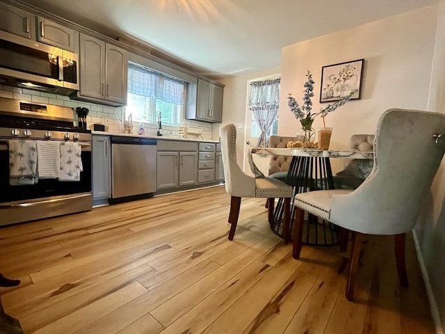 16 Douglas Ave, Beverly, MA 01915 - kitchen featuring stainless steel appliances, gray cabinets, light wood-style floors, decorative backsplash, and light countertops