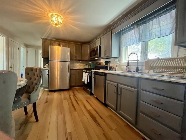 16 Douglas Ave, Beverly, MA 01915 - kitchen featuring stainless steel appliances, gray cabinets, light wood-style flooring, backsplash, and light countertops