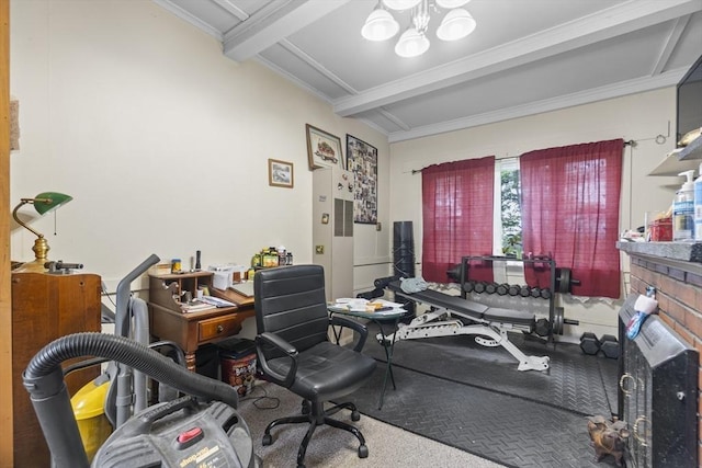 51 Prospect St, Webster, MA 01570 - carpeted office space featuring beamed ceiling, ornamental molding, and a chandelier