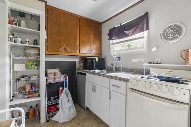 51 Prospect St, Webster, MA 01570 - kitchen with white electric range oven, a sink, black microwave, dishwashing machine, and brown cabinetry