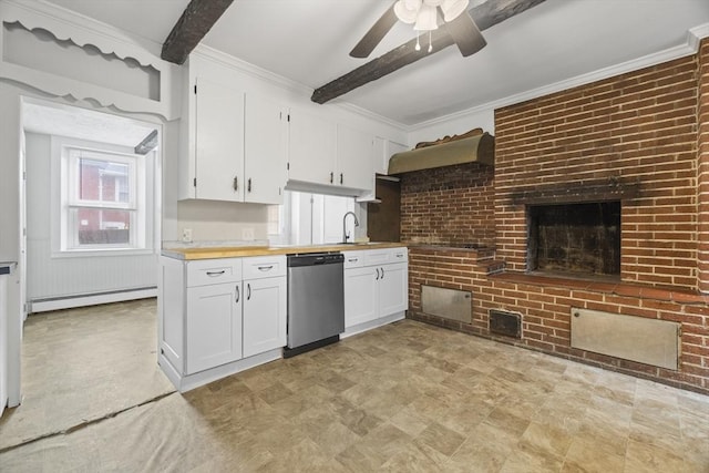 51 Prospect St, Webster, MA 01570 - kitchen with dishwasher, ceiling fan, a baseboard radiator, white cabinets, and crown molding
