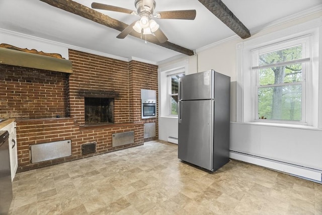 51 Prospect St, Webster, MA 01570 - kitchen featuring freestanding refrigerator, beamed ceiling, baseboard heating, a fireplace, and ceiling fan