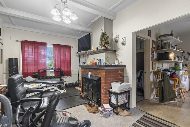 51 Prospect St, Webster, MA 01570 - living area with crown molding, a brick fireplace, a chandelier, and beam ceiling