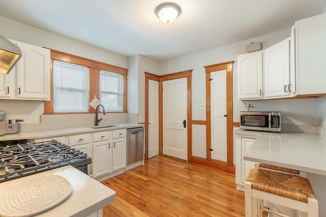 kitchen with light wood-type flooring, stainless steel appliances, white cabinetry, and sink