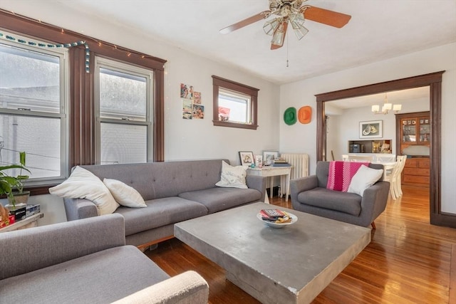 living room with ceiling fan with notable chandelier, wood-type flooring, and radiator