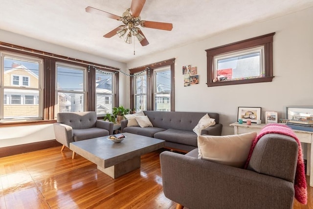 living room with ceiling fan and hardwood / wood-style floors