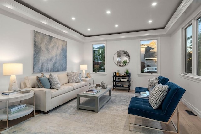 living room featuring crown molding, a raised ceiling, and light hardwood / wood-style flooring