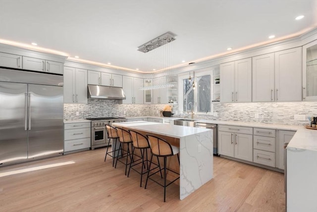 kitchen with high quality appliances, sink, a kitchen breakfast bar, a center island, and light hardwood / wood-style flooring