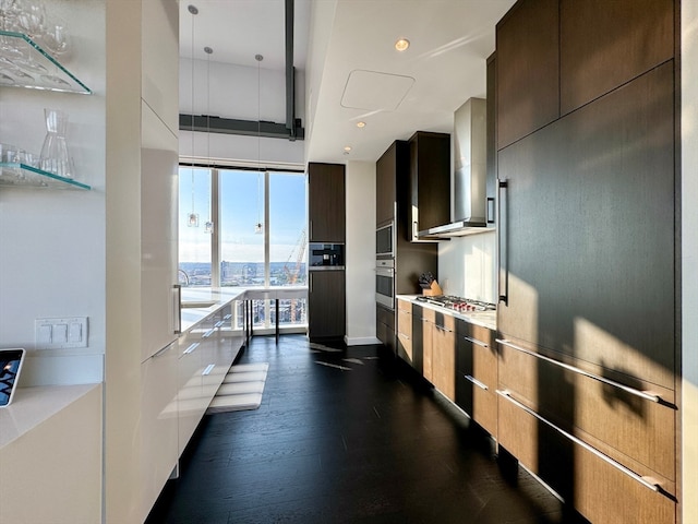 kitchen featuring wall chimney exhaust hood, dark hardwood / wood-style flooring, stainless steel appliances, and sink