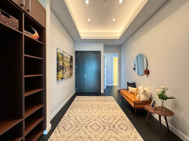 interior space with a tray ceiling and dark hardwood / wood-style flooring