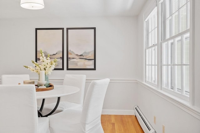 21 Johnson Rd, Winchester, MA 01890 - dining room featuring a baseboard heating unit, light wood-style floors, and baseboards