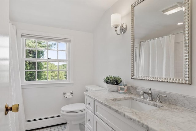 21 Johnson Rd, Winchester, MA 01890 - bathroom with baseboard heating, vanity, toilet, lofted ceiling, and tile patterned floors
