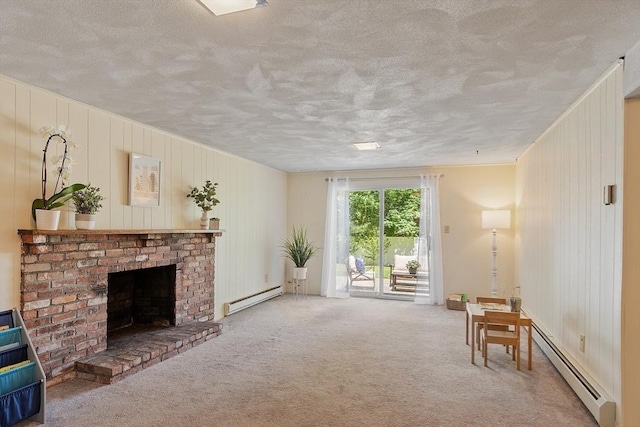 21 Johnson Rd, Winchester, MA 01890 - living area with a baseboard heating unit, baseboard heating, carpet, a textured ceiling, and a brick fireplace