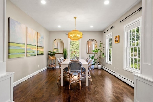 172 Carolyn Cir, Marshfield, MA 02050 - dining room with a baseboard heating unit, dark wood-style floors, recessed lighting, and a chandelier