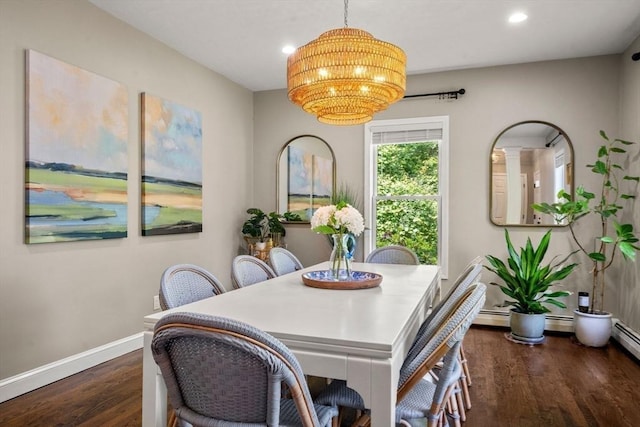172 Carolyn Cir, Marshfield, MA 02050 - dining room featuring recessed lighting, wood finished floors, a chandelier, and a baseboard radiator