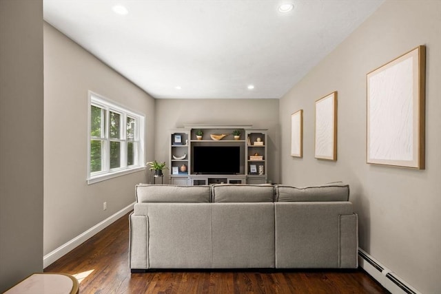 172 Carolyn Cir, Marshfield, MA 02050 - living room featuring a baseboard heating unit, recessed lighting, and dark wood-style flooring