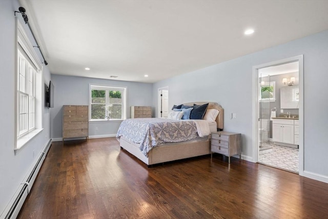 172 Carolyn Cir, Marshfield, MA 02050 - bedroom featuring baseboard heating, dark wood-style flooring, recessed lighting, and ensuite bathroom