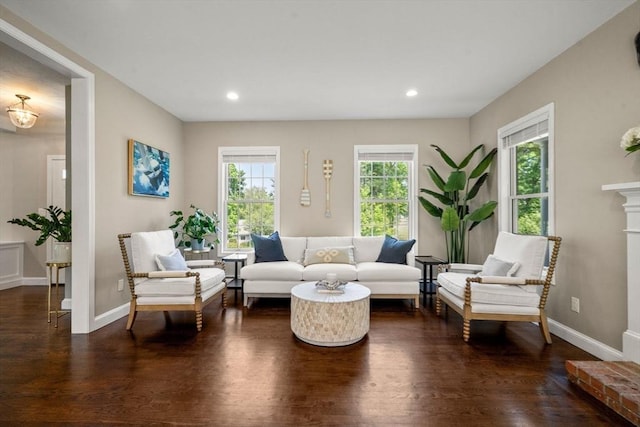 172 Carolyn Cir, Marshfield, MA 02050 - living room with dark wood finished floors, recessed lighting, and a fireplace