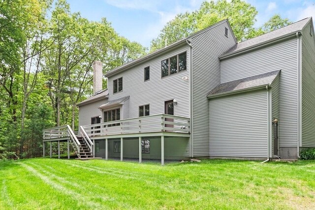 230 Prospect St, Franklin, MA 02038 - back of house featuring a deck, a yard, a chimney, and stairs